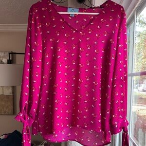 CeCe Fuchsia Floral Blouse with Tie Sleeves